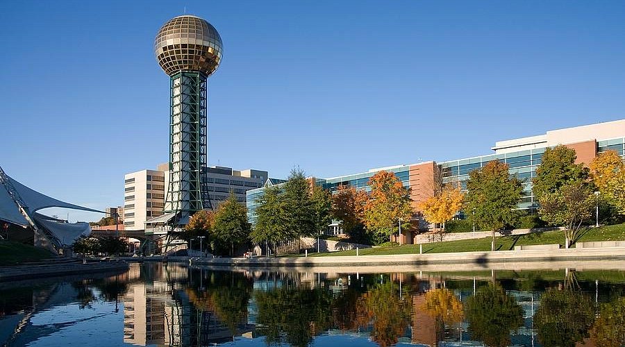Knoxville's Sunsphere, a golden geodesic sphere atop a tall tower